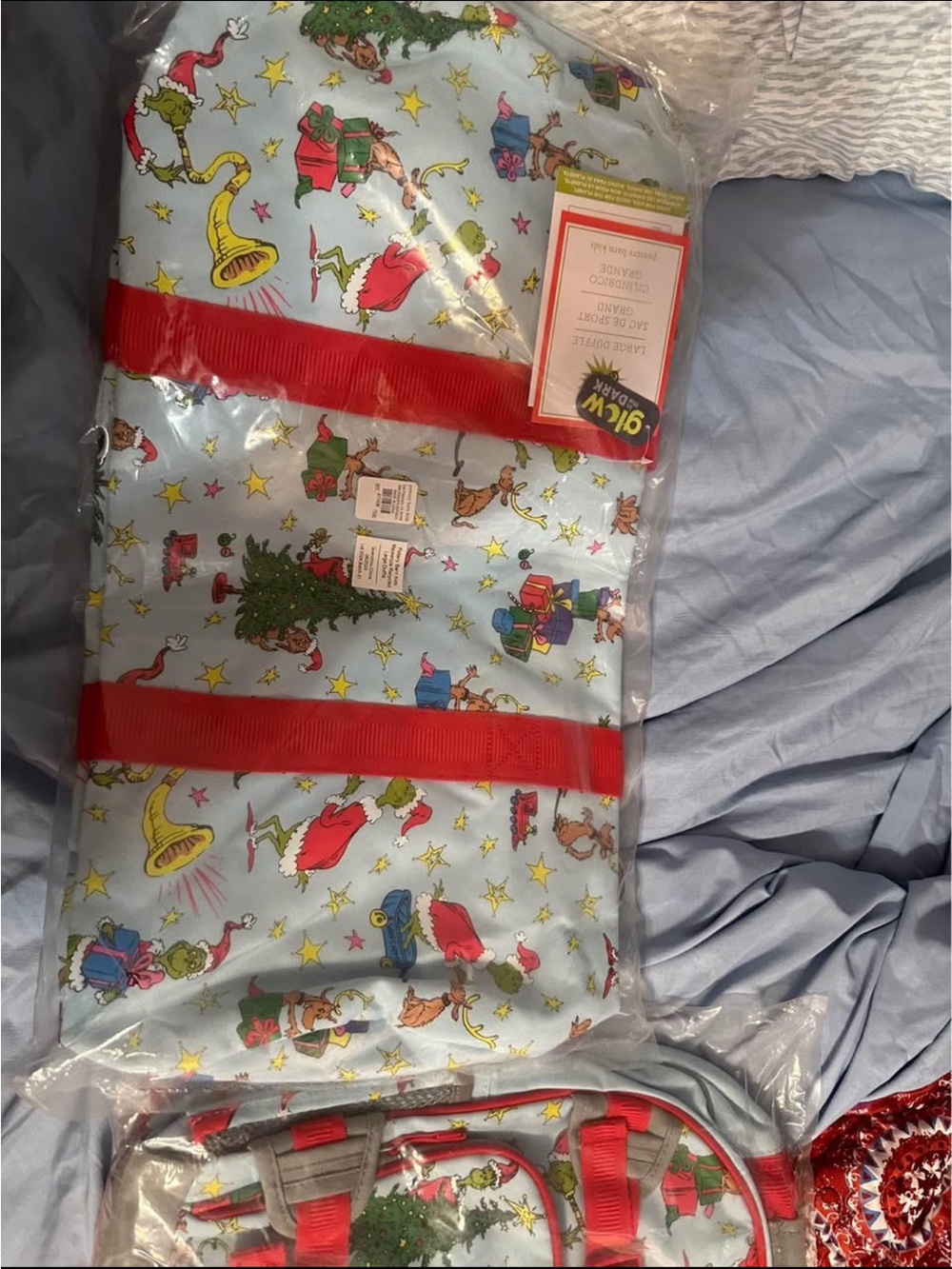 Pottery Barn Kids Grinch Duffle Bag - Light Blue with Red Accents- Glows in dark